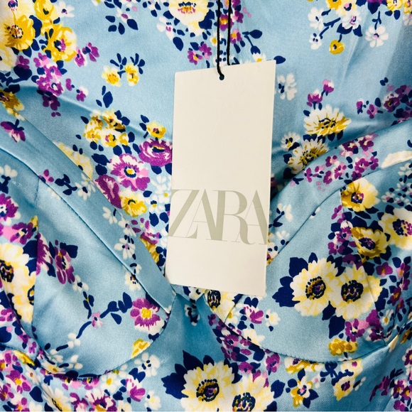 ZARA Light Blue Floral Satin Effect Short Dress XS NWT - Picture 3 of 8